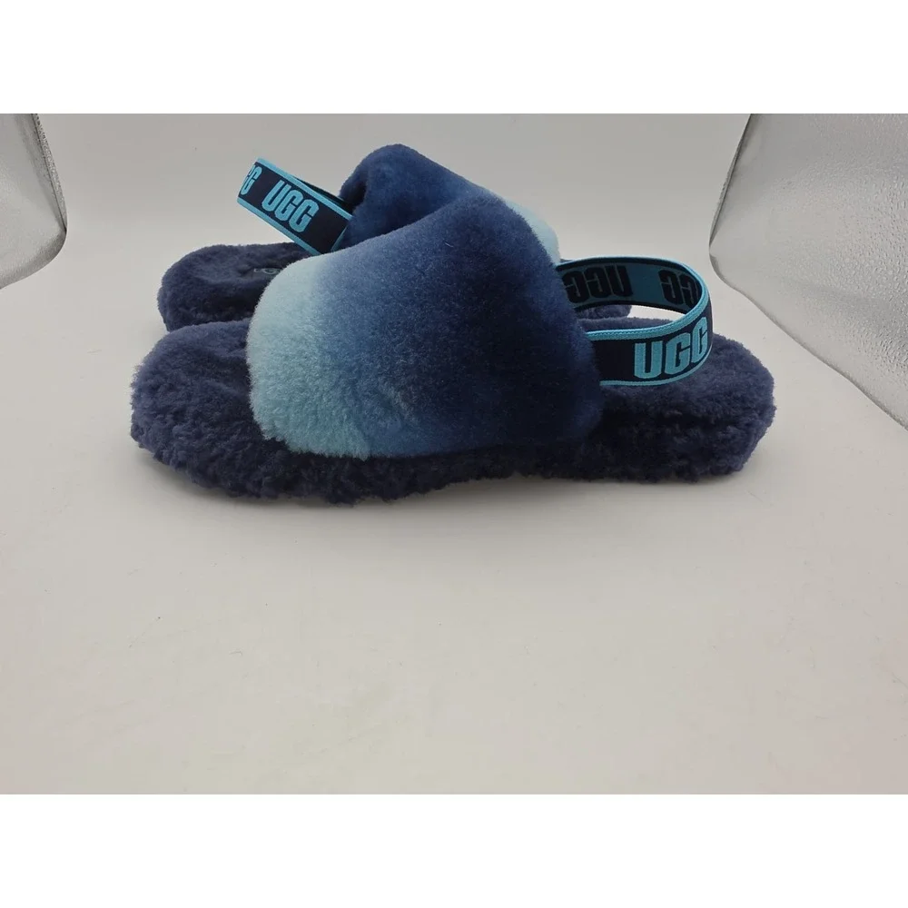 Women UGG Fluff Slides Bright Blue Slipper Size 4 w/ Straps